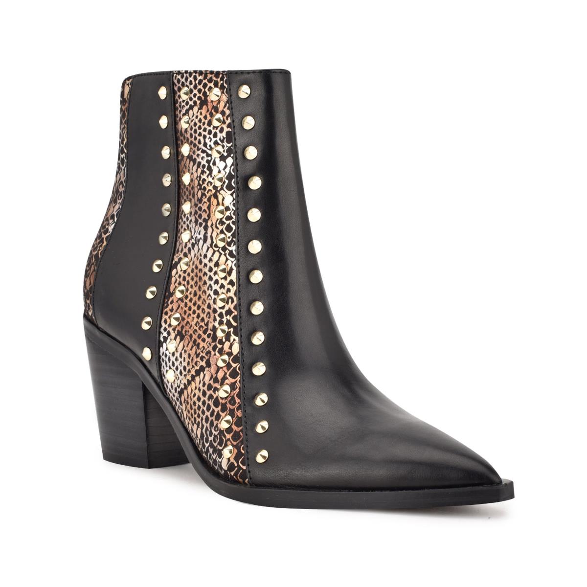 Nine West What Studded Block Heel Bot Kadın Siyah Altın | 0158OVNJU